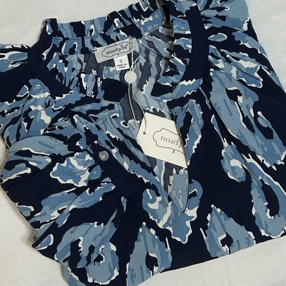 NWT Mudpie Womens S‎ Warren Blouse Navy Print Balloon Sleeve Peasant Vacation - Picture 1 of 10